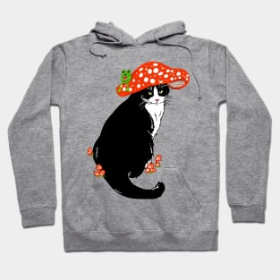 Whimsical Tuxedo Cat Wearing a Mushroom Hat Hoodie